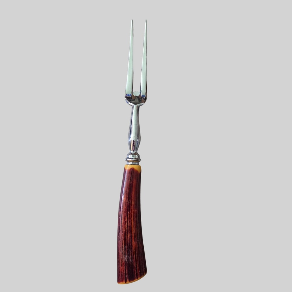 Glo-Hill Stainless Steel Meat Serving Fork Bakelite Faux Bone Stag Handle VTG